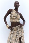 Cropped One-shoulder Top - Beige snakeskin-patterned