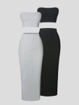 2PCS Ribbed Solid Casual Skirt Set Strapless Backless Crop Tube Top & High Waist Slim Skirt Outfits Women's Clothing