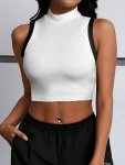 Contrast Trim Crop Tank Top Sleeveless Mock Neck Casual Top For Summer & Spring Women's Clothing