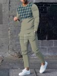Men's Casual 2-PIECE Outfit Long Sleeve T-Shirt & Shorts Set Comfortable Plaid Pattern Print Tee Breathable Solid Color Shorts