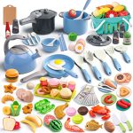 130PCS Kitchen Playset Toddler Pretend Cooking Play Pots Pans Utensils Cookware Daily Food Fruit Veges Shopping Storage Basket D