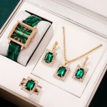 5PCS SET Women's Watch Vintage Square Pointer Quartz Watch Analog Green Wrist Watch & Rhinestone Jewelry Set Gift For Mom Her