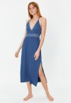 Blue Lace And Back Detailed Slit String Strap Knitted Nightdress