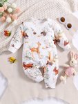 Baby Boys And Girls Cute Cartoon Animal Print Round Neck Long Sleeve Bodysuit Baby Climbing Suit