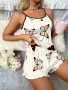 Casual Butterfly Print Lettuce Trim Pajama Set Crew Neck Backless Cami Top & Elastic Shorts Women's Sleepwear & Loungewear