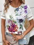 Floral Print T-Shirt Casual Crew Neck Short Sleeve Top For Spring & Summer Women's Clothing