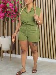 Casual Solid Color Two Pieces Button Front Sleeveless Collared Top & Drawstring Shorts Outfits Women's Clothing