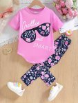 2PCS Set Little Girls Cute Glasses & Alphabet Pattern Drop Shoulder Tee + Skinny Crop Leggings Set