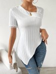 Contrast Lace Asymmetric Hem Blouse Elegant Short Sleeve Ribbed Top For Spring & Summer Women's Clothing