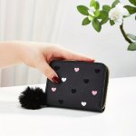 Chic Heart Embroidered Women's Wallet - Faux Leather Compact & Stylish Clutch With Pompom Detail