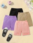 4PCS Girls Comfy Breathable Ribbed Shorts Set Summer Gift