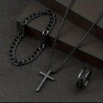 Men's Fashion 3PCS Set - Stainless Steel Black Cross Necklace Bracelet & Ring Combo