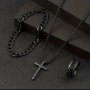 Men's Fashion 3PCS Set - Stainless Steel Black Cross Necklace Bracelet & Ring Combo