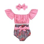 Grey Pink Floral Bloomer With Pink Polka Crop Top And Headband