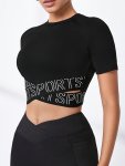 Women's Athletic Crop Top Letter Print Short Sleeve Cross Back Design Casual Sportswear Breathable Fabric Gym & Yoga Wear