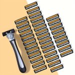 Hypoallergenic Stainless Steel 3-LAYER Manual Razor With Black Handle And Yellow Blades - Washable Ideal For Beard & Mustache Tr