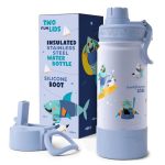 Bentoheaven Kids Water Bottle Stainless Steel For Boys & Girls 2 Lids Chug & Straw Handle & Silicone Boot Reusable Metal Leak-pr