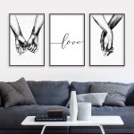 3PCS Love Hand In Hand Wall Decals - Black & White Sketch Couple Hands Canvas Painting Posters For Home Bedroom Living Room Deco