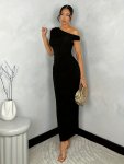 Slant Shoulder Ruched Asymmetrical Dress Elegant Bodycon Simple Dress For Club & Party Women's Clothing