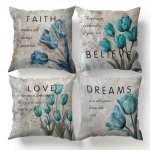 4PCS Blue Tulip Floral Print Throw Pillow Covers 45X45CM Contemporary Style Polyester Zipper Closure Cushion Cases For Various R