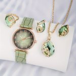 5PCS SET Women's Watch Casual Leaf Fashion Quartz Watch Analog Pu Leather Wrist Watch & Jewelry Set Gift For Mom Her
