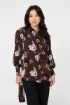 Ladies Printed Floral Blouse In Brown - Brown 2XL