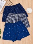 Men's 3 Pcs Cotton Boxer Shorts - Trendy Flamingo & Coconut Tree & Plaid Print Shorts With Button Detail - Non-sheer Regular Fit