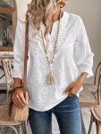 Eyelet Embroidered Notched Neck Blouse Elegant 3 4 Sleeve Blouse For Spring & Fall Women's Clothing