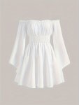 Lettuce Trim Off Shoulder Dress Elegant Pintuck Bell Sleeve Dress For Spring & Summer Women's Clothing