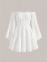 Lettuce Trim Off Shoulder Dress Elegant Pintuck Bell Sleeve Dress For Spring & Summer Women's Clothing