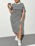 Plus Size Striped Split Side Tee Dress Elegant Short Sleeve Crew Neck Midi Dress For Spring & Summer Women's Plus Size Clothing