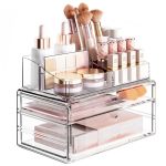 Delamu 3-TIER Clear Makeup Organizer With Drawer Acrylic Cosmetic Display Case For Makeup Vanity Bathroom Counter Organizers And