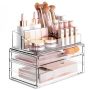 Delamu 3-TIER Clear Makeup Organizer With Drawer Acrylic Cosmetic Display Case For Makeup Vanity Bathroom Counter Organizers And Storage Stackable V