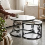 Round Marble-top Nesting Coffee Tables With Black Metal Base