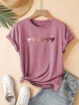 Heart Print Casual T-Shirt Crew Neck Short Sleeves Sports Tee Women's Activewear