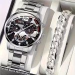 Glamorous 2-PIECE Watch And Bracelet Set For Men - Non-waterproof Zinc Alloy Case With Round Dial Quartz Movement And Stainless