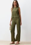 Textured Regular Fit Flexible Knitted Blouse & Bottom Set -khaki