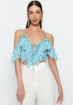 Crop Knitted Peplum Blouse - Blue
