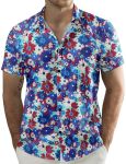 Jogal Men's Flower Casual Short Sleeve Aloha Hawaiian Shirt Blue Red Daisy Large