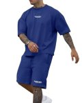 Ryehack Men's 2 Piece Outfits Short Sleeve Crew Neck Summer T Shirt And Drawstring Casual Track Shorts Sportswear Sets Dark Blue