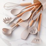 12 Pcs Silicone Cooking Utensils Kitchen Utensil Set - Heat Resistant Turner Tongs Spatula Spoon Brush Whisk Wooden Handle Grey 