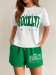 Brooklyn Print Summer & Spring Casual Shorts Set Crew Neck Short Sleeve Top & Drawstring Shorts With Pockets Outfits Women's Clo