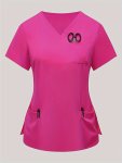 Plus Size Solid Color Pockets Top Short Sleeve V Neck Health Care Uniform For Nurse Women's Plus Size Clothing