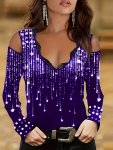 LaCie Lace Trim V Neck T-Shirt Elegant Cold Shoulder Top For Spring & Fall Women's Clothing