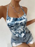 Allover Print Halter Neck Top Sexy Backless Hanky Hem Top For Summer Women's Clothing