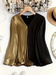 Plus Size Colorblock V Neck Blouse Elegant Long Sleeve Blouse For Spring Women's Plus Sizeclothing