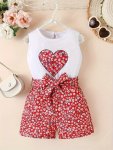 Girls Splicing Heart Graphic Floral Jumpsuit Comfy Sleeveless Romper For Summer Holiday
