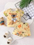 2PCS Infant & Toddler's Street Style Bear Print Summer Outfit T-Shirt & Casual Shorts Baby Boy's Clothes