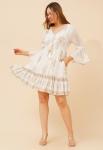 Ladies 3 4 Sleeve V-neck Dress In White - White 2XL
