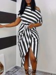 Striped One Shoulder Split Dress Sexy Short Sleeve Dress For Summer Women's Clothing